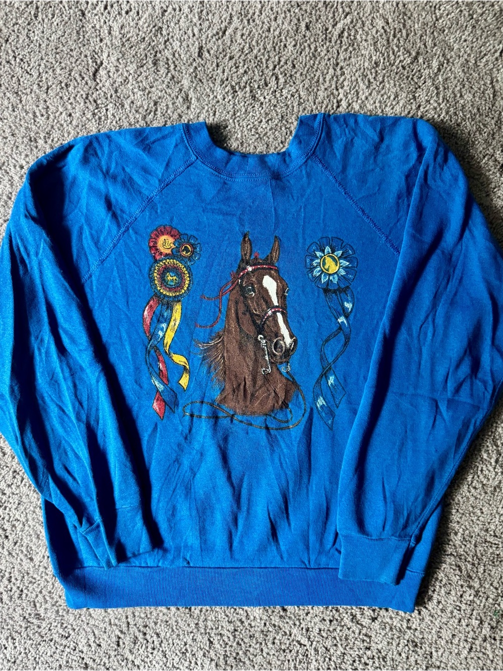 Tultex Vintage Blue Women's Horse Graphic Crewneck Sweatshirt- Size M